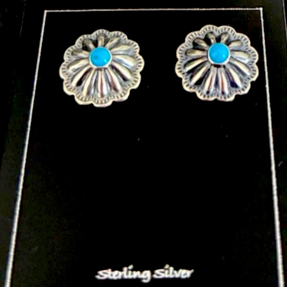 SOLD - Navajo Sterling Silver Turquoise Fluted Concho  Post Earrings